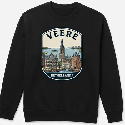 Vintage badge design featuring the text 'Veere Netherlands' in various colors — printed on a unisex sweatshirt