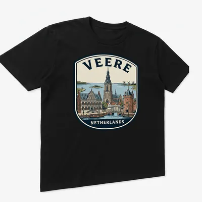 Vintage badge design featuring the text 'Veere Netherlands' in various colors — printed on a unisex t-shirt (angled view)