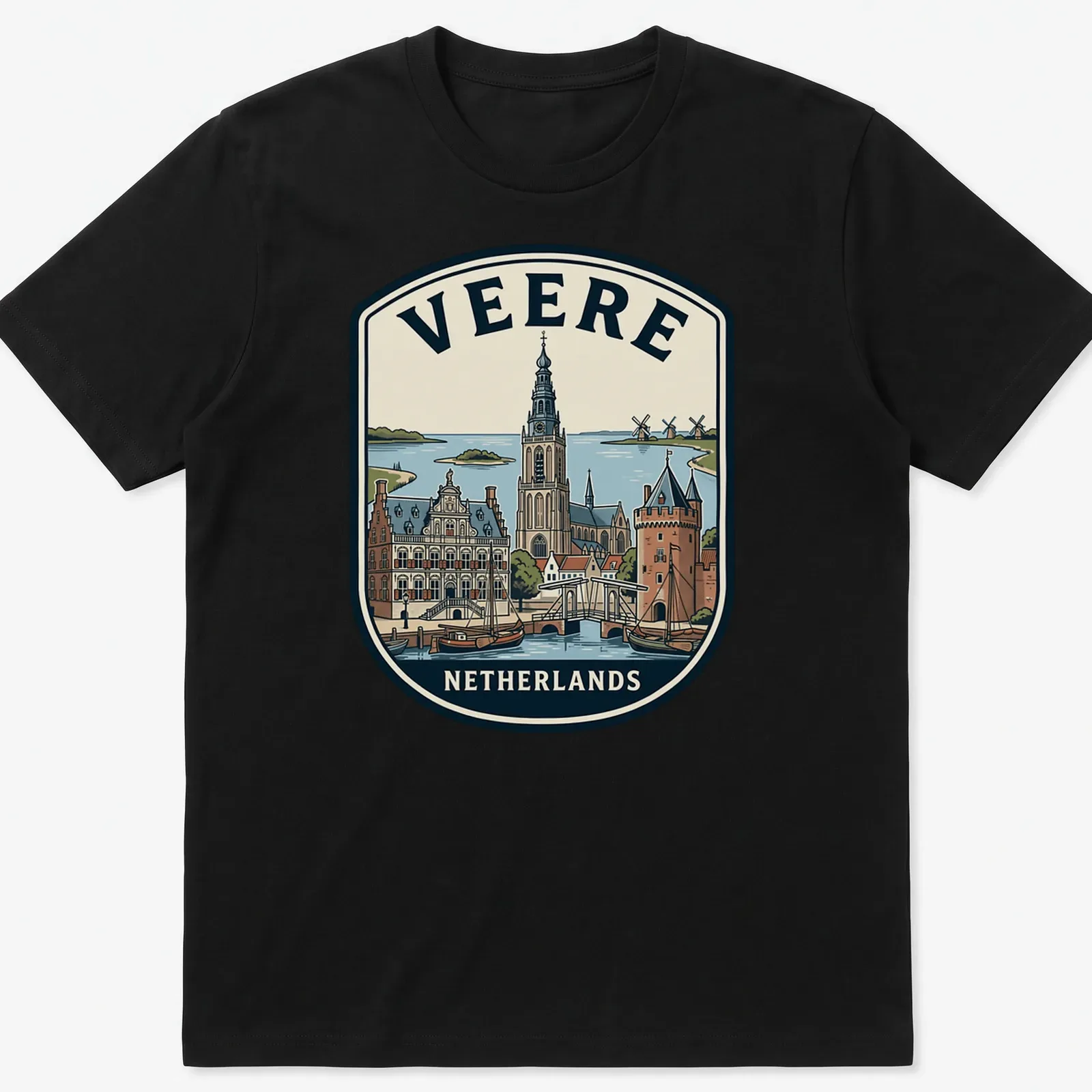Vintage badge design featuring the text 'Veere Netherlands' in various colors — printed on a unisex t-shirt