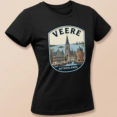 Vintage badge design featuring the text 'Veere Netherlands' in various colors — printed on a women's shirt