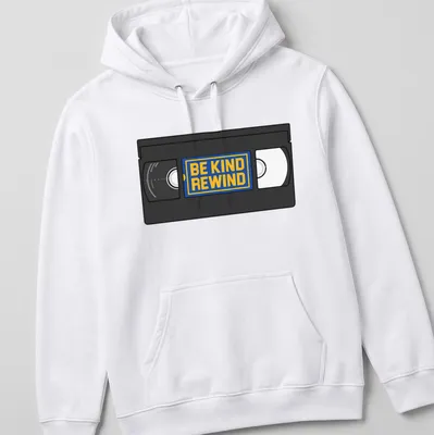 Vintage VHS tape graphic with 'Be Kind Rewind' text in black, yellow, blue, and white. — printed on a unisex hoodie