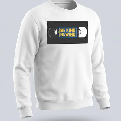 Vintage VHS tape graphic with 'Be Kind Rewind' text in black, yellow, blue, and white. — printed on a unisex sweatshirt
