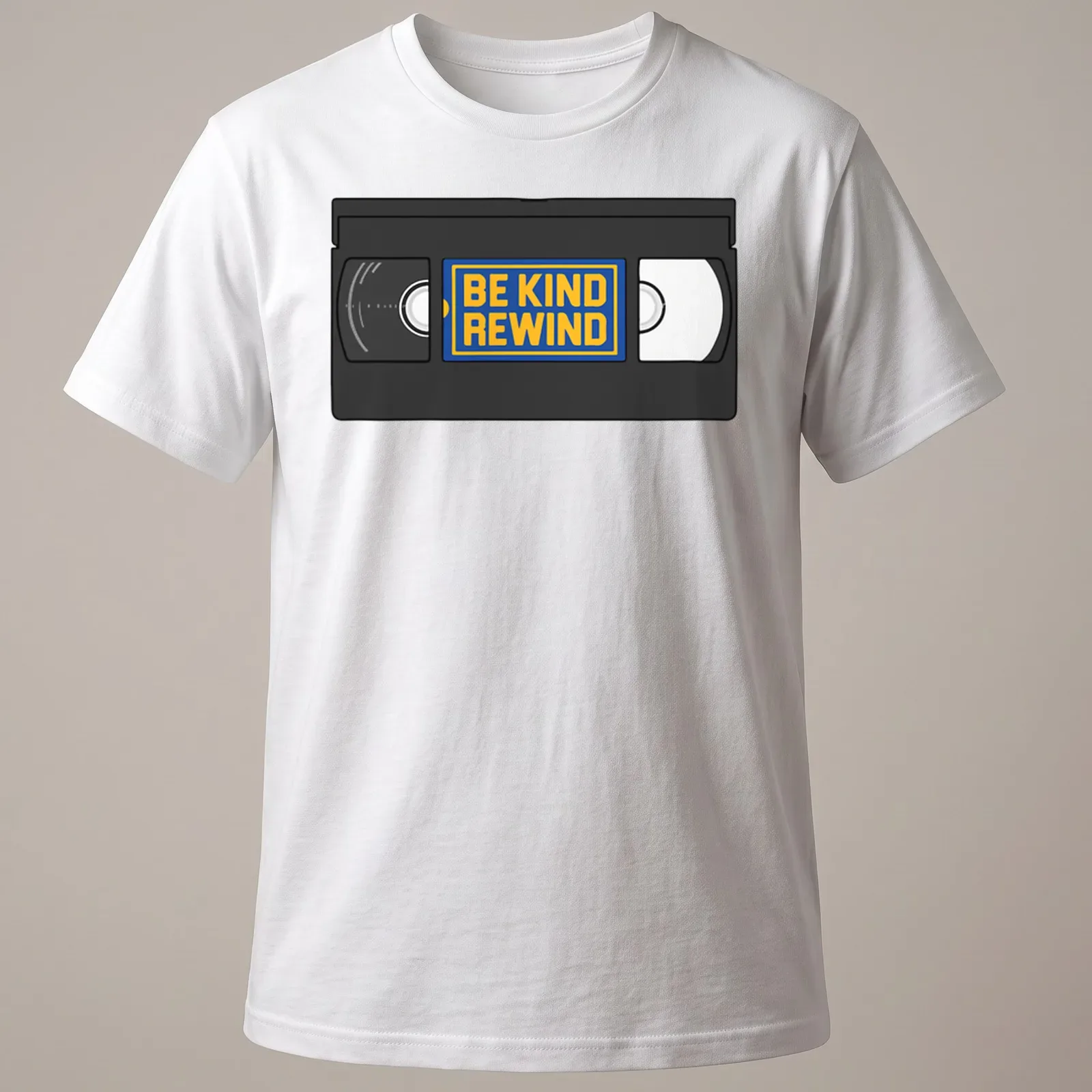 Vintage VHS tape graphic with 'Be Kind Rewind' text in black, yellow, blue, and white. — printed on a unisex t-shirt