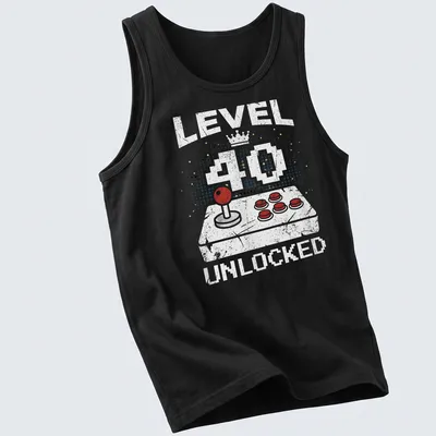 Retro distressed t-shirt featuring a video game controller and level 40 unlocked text — printed on a tank top