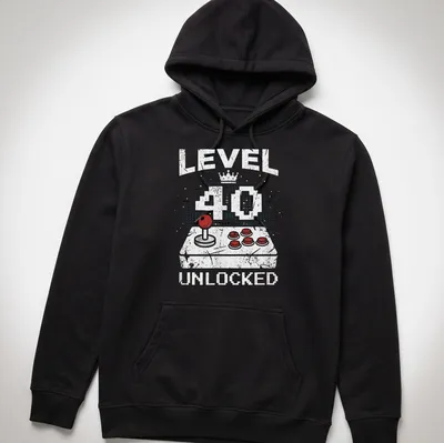 Retro distressed t-shirt featuring a video game controller and level 40 unlocked text — printed on a unisex hoodie