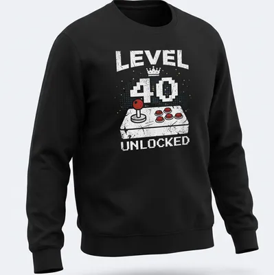 Retro distressed t-shirt featuring a video game controller and level 40 unlocked text — printed on a unisex sweatshirt