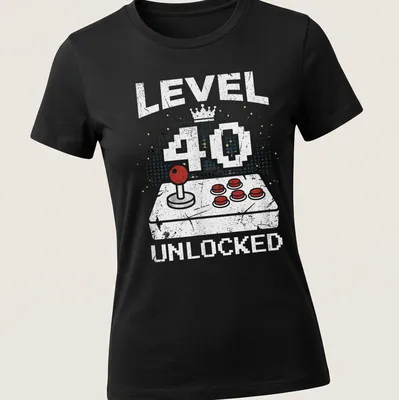 Retro distressed t-shirt featuring a video game controller and level 40 unlocked text — printed on a women's shirt