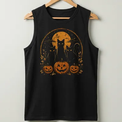Vintage retro print of three black cats by pumpkins under moonlight — printed on a tank top