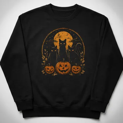 Vintage retro print of three black cats by pumpkins under moonlight — printed on a unisex sweatshirt