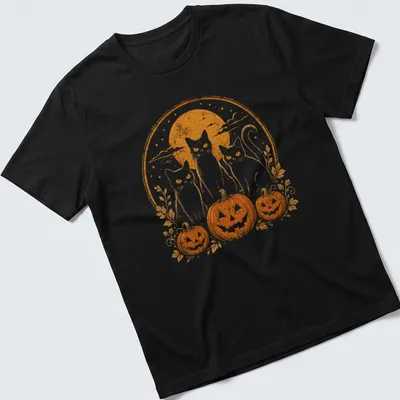 Vintage retro print of three black cats by pumpkins under moonlight