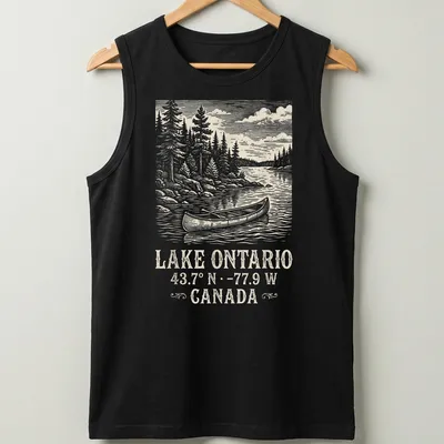 Vintage canoe illustration with coordinates for Lake Ontario in soft colors — printed on a tank top