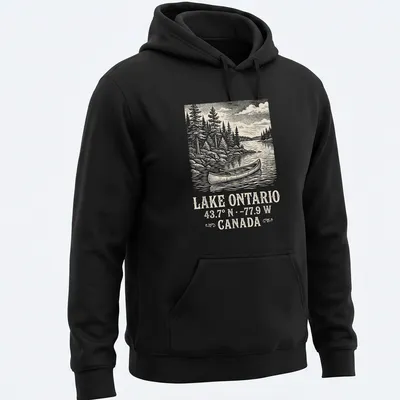Vintage canoe illustration with coordinates for Lake Ontario in soft colors — printed on a unisex hoodie