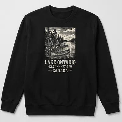 Vintage canoe illustration with coordinates for Lake Ontario in soft colors — printed on a unisex sweatshirt