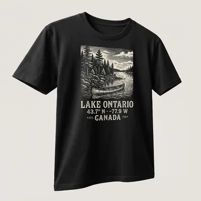 Vintage canoe illustration with coordinates for Lake Ontario in soft colors — printed on a unisex t-shirt (angled view)