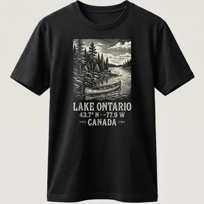 Vintage canoe illustration with coordinates for Lake Ontario in soft colors