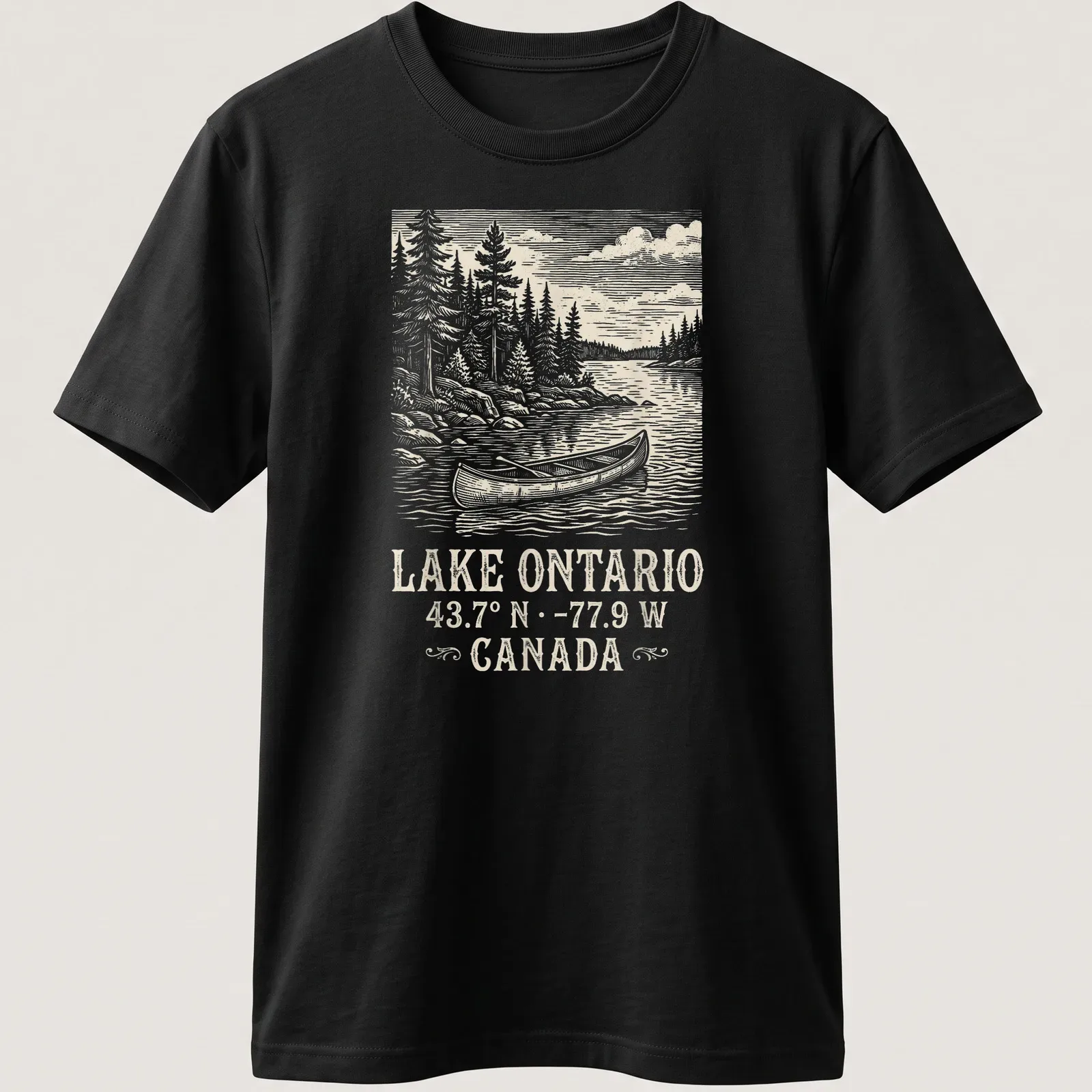 Vintage canoe illustration with coordinates for Lake Ontario in soft colors — printed on a unisex t-shirt