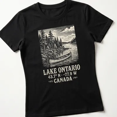 Vintage canoe illustration with coordinates for Lake Ontario in soft colors — printed on a women's shirt