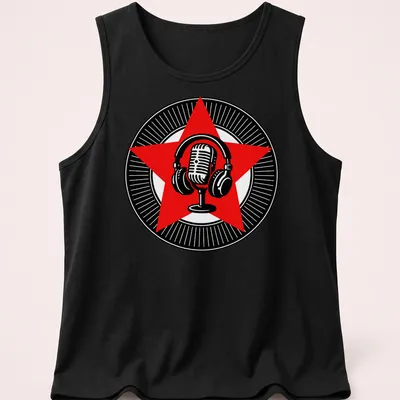 Retro vintage microphone with headphones design in red, black, and white — printed on a tank top