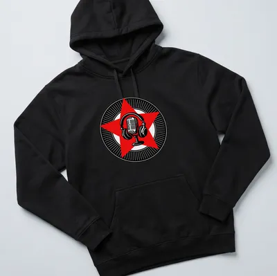 Retro vintage microphone with headphones design in red, black, and white — printed on a unisex hoodie
