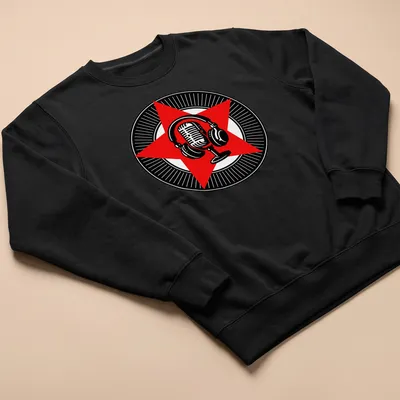 Retro vintage microphone with headphones design in red, black, and white — printed on a unisex sweatshirt