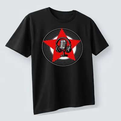 Retro vintage microphone with headphones design in red, black, and white — printed on a unisex t-shirt (angled view)