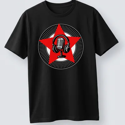 Retro vintage microphone with headphones design in red, black, and white