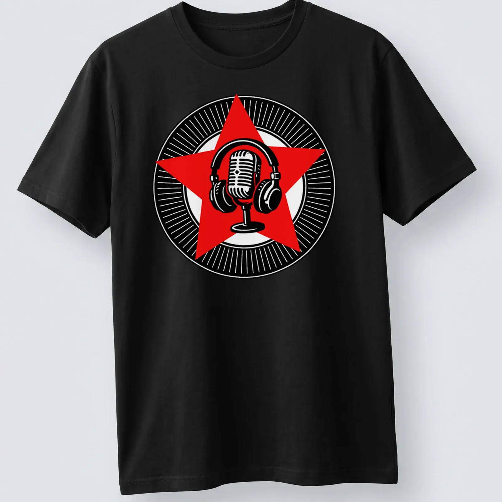 Retro vintage microphone with headphones design in red, black, and white — printed on a unisex t-shirt