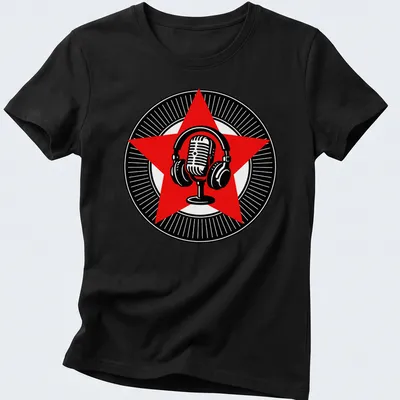 Retro vintage microphone with headphones design in red, black, and white — printed on a women's shirt