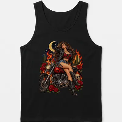Vintage pin-up girl biker graphic in red, black, green, yellow, and blue — printed on a tank top