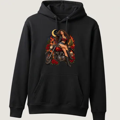 Vintage pin-up girl biker graphic in red, black, green, yellow, and blue — printed on a unisex hoodie