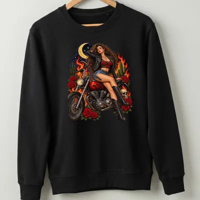 Vintage pin-up girl biker graphic in red, black, green, yellow, and blue — printed on a unisex sweatshirt