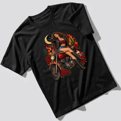 Vintage pin-up girl biker graphic in red, black, green, yellow, and blue