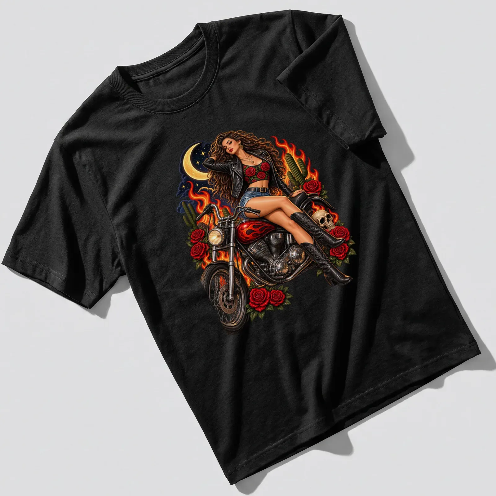 Vintage pin-up girl biker graphic in red, black, green, yellow, and blue — printed on a unisex t-shirt