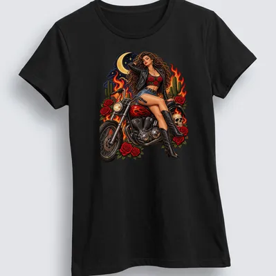 Vintage pin-up girl biker graphic in red, black, green, yellow, and blue — printed on a women's shirt