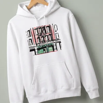 Vintage architectural sketch of New York City with O. M. Newman & Sons text — printed on a unisex hoodie
