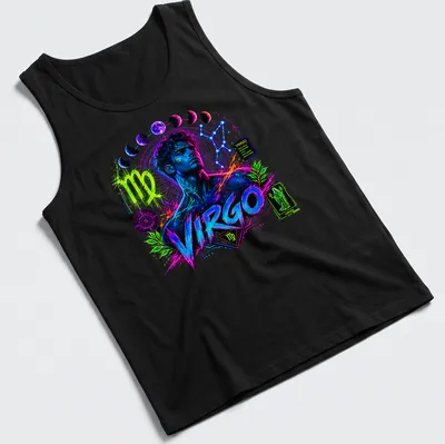 Vibrant cosmic Virgo zodiac character t-shirt with neon colors and traits — printed on a tank top