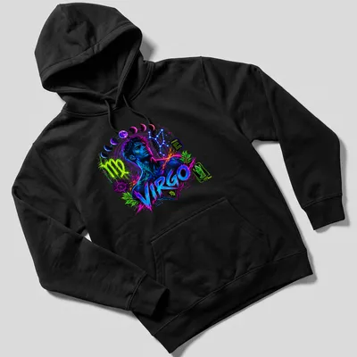 Vibrant cosmic Virgo zodiac character t-shirt with neon colors and traits — printed on a unisex hoodie