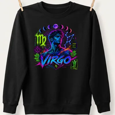 Vibrant cosmic Virgo zodiac character t-shirt with neon colors and traits — printed on a unisex sweatshirt