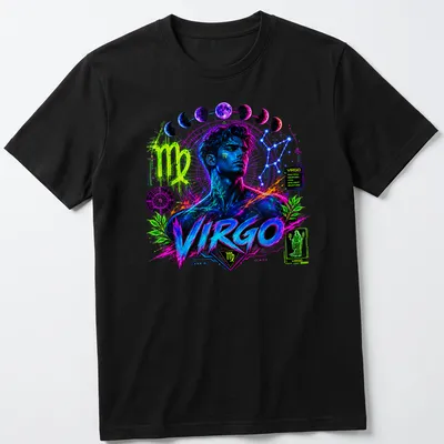 Vibrant cosmic Virgo zodiac character t-shirt with neon colors and traits
