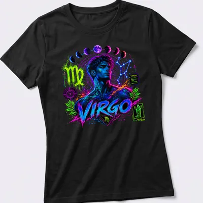 Vibrant cosmic Virgo zodiac character t-shirt with neon colors and traits — printed on a women's shirt
