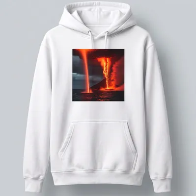 Dramatic photo of a volcanic waterspout with vibrant colors — printed on a unisex hoodie