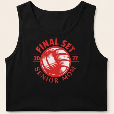 Bold graphic t-shirt celebrating volleyball Senior Mom 2027 with red and white text — printed on a tank top