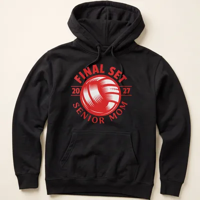 Bold graphic t-shirt celebrating volleyball Senior Mom 2027 with red and white text — printed on a unisex hoodie