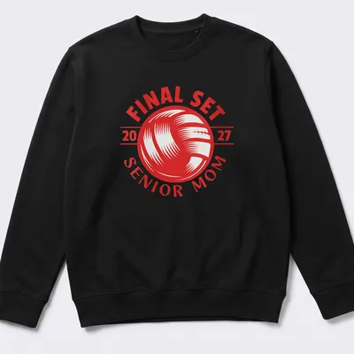 Bold graphic t-shirt celebrating volleyball Senior Mom 2027 with red and white text — printed on a unisex sweatshirt