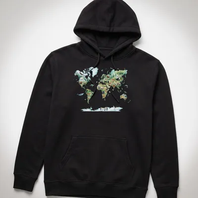 Watercolor world map featuring animals in various colors. — printed on a unisex hoodie