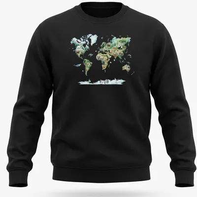 Watercolor world map featuring animals in various colors. — printed on a unisex sweatshirt