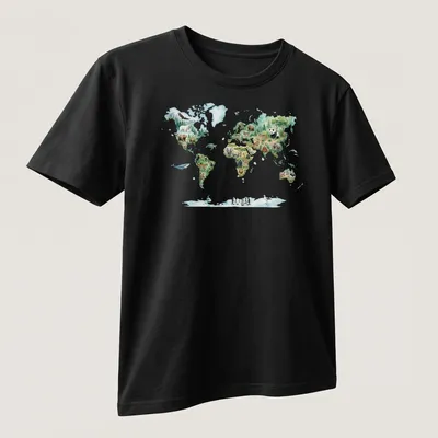 Watercolor world map featuring animals in various colors. — printed on a unisex t-shirt (angled view)