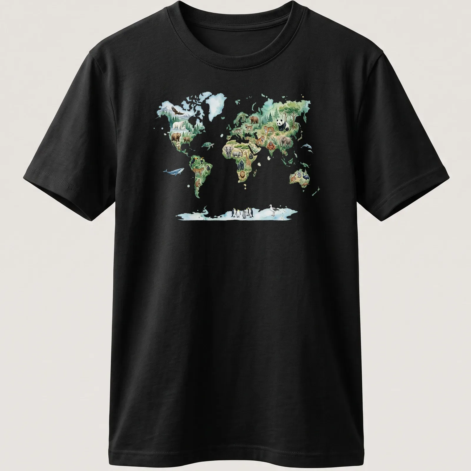 Watercolor world map featuring animals in various colors. — printed on a unisex t-shirt