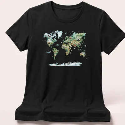Watercolor world map featuring animals in various colors. — printed on a women's shirt