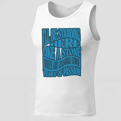 Motivational shirt with blue wavy lettering depicting resilience against waves. — printed on a tank top